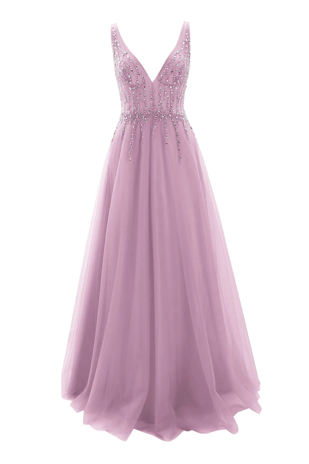 MACloth Prom Dress Plunging V Neck Tulle Long Formal Evening Gown Bridal Wedding