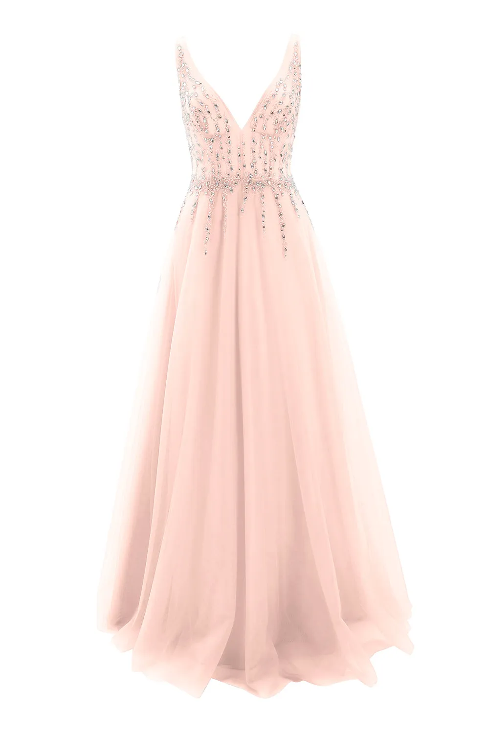 MACloth Prom Dress Plunging V Neck Tulle Long Formal Evening Gown Bridal Wedding