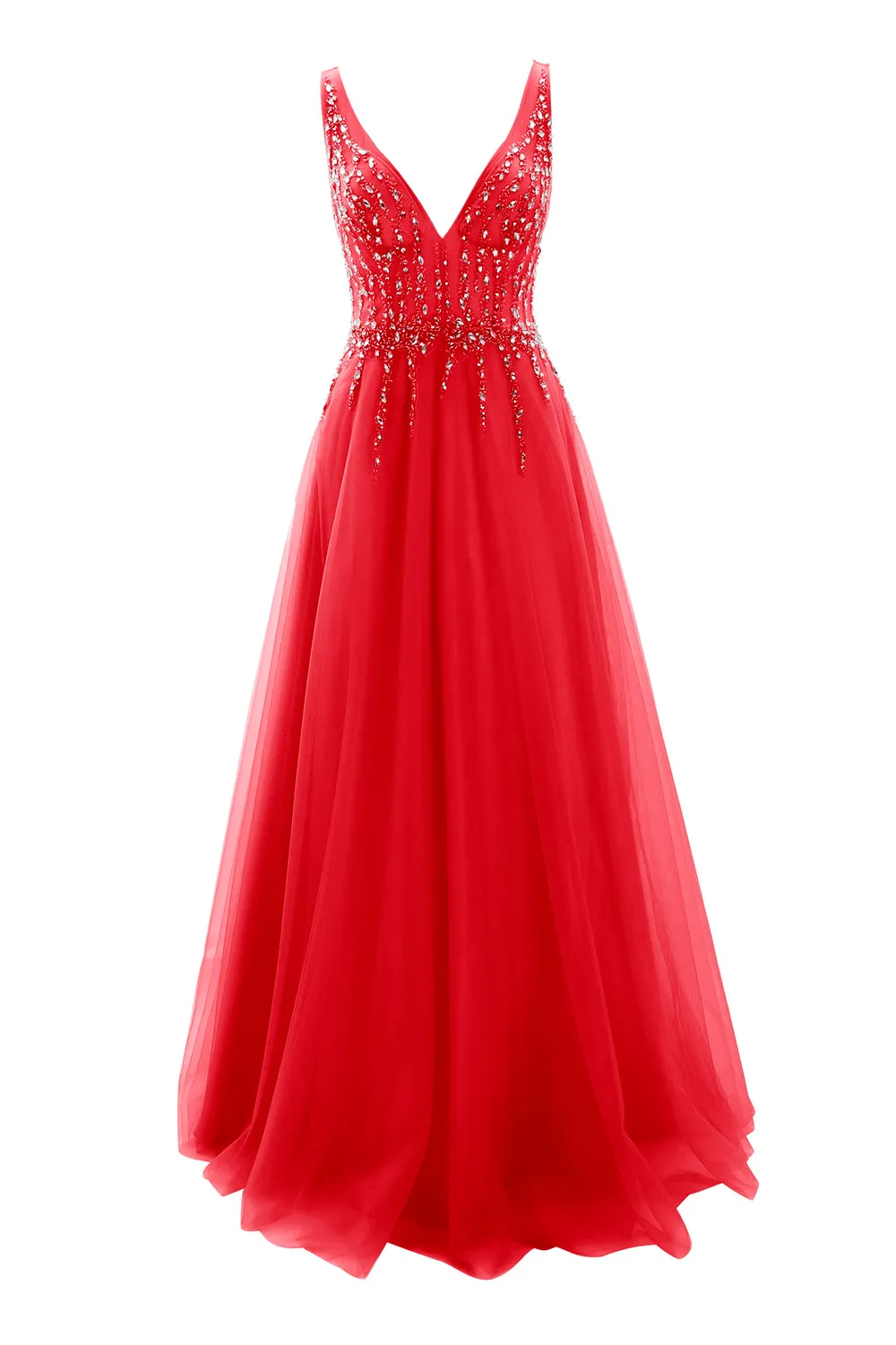 MACloth Prom Dress Plunging V Neck Tulle Long Formal Evening Gown Bridal Wedding