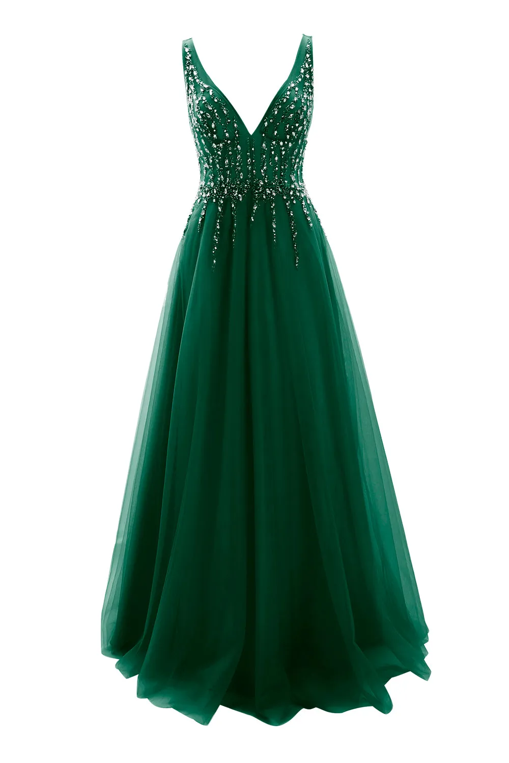 MACloth Prom Dress Plunging V Neck Tulle Long Formal Evening Gown Bridal Wedding