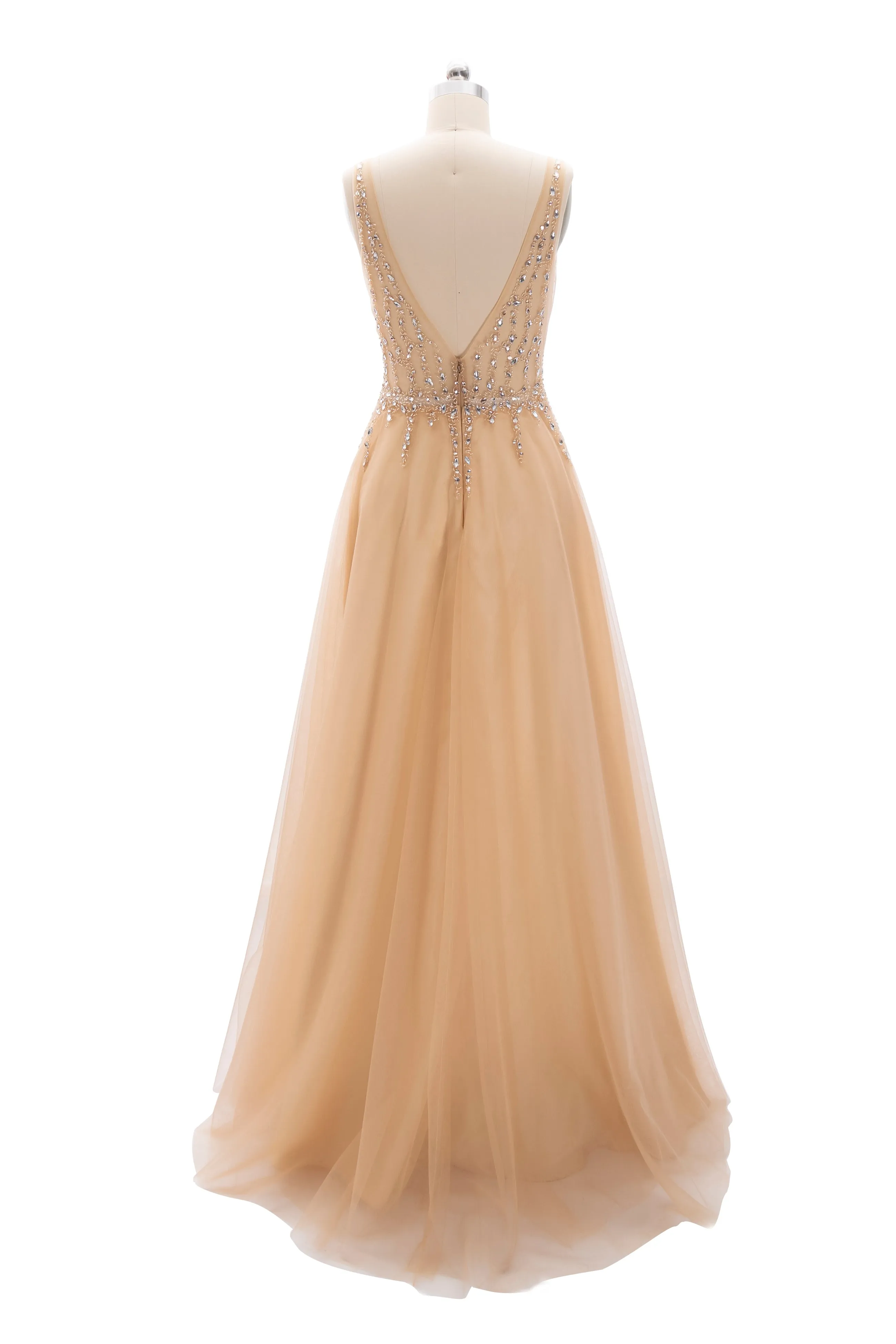 MACloth Prom Dress Plunging V Neck Tulle Long Formal Evening Gown Bridal Wedding