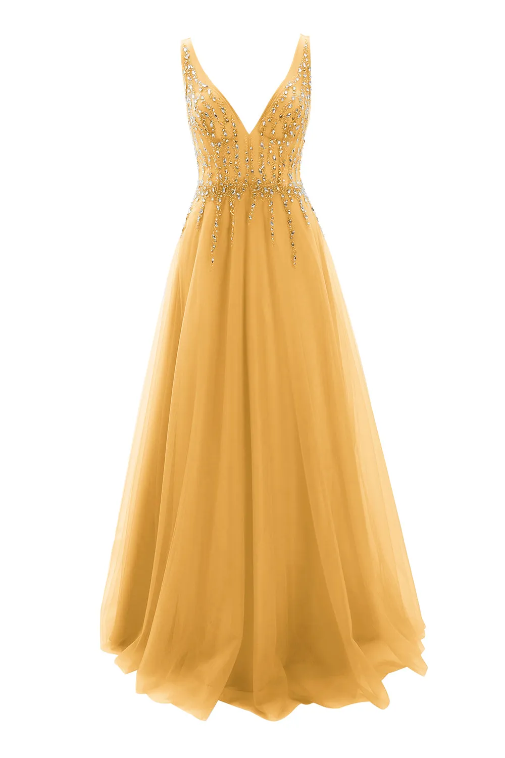 MACloth Prom Dress Plunging V Neck Tulle Long Formal Evening Gown Bridal Wedding