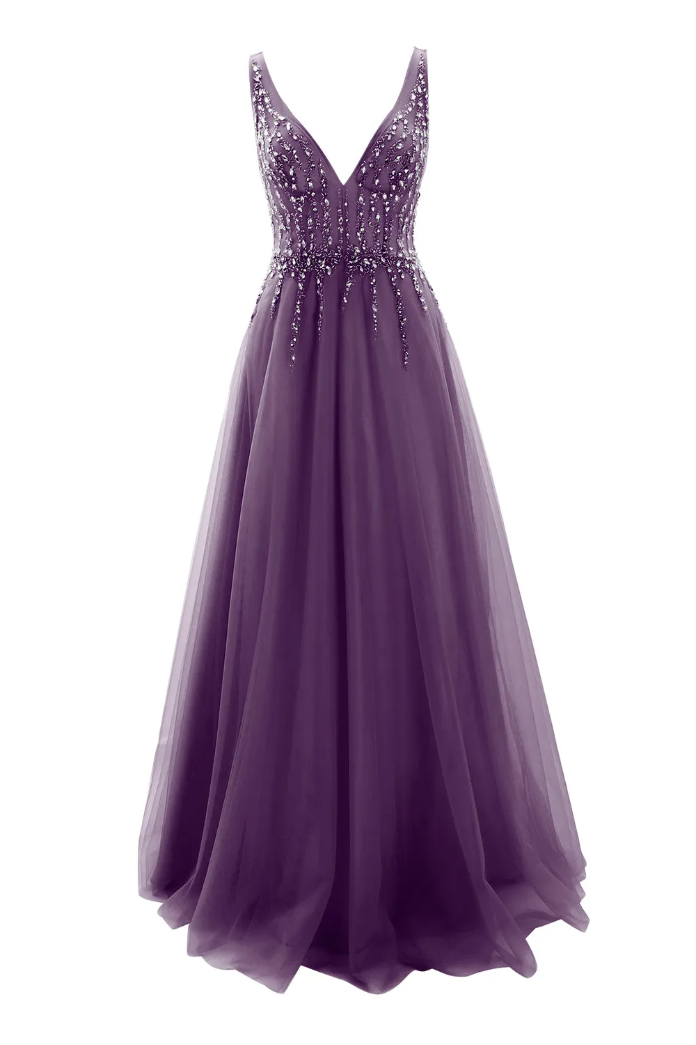 MACloth Prom Dress Plunging V Neck Tulle Long Formal Evening Gown Bridal Wedding