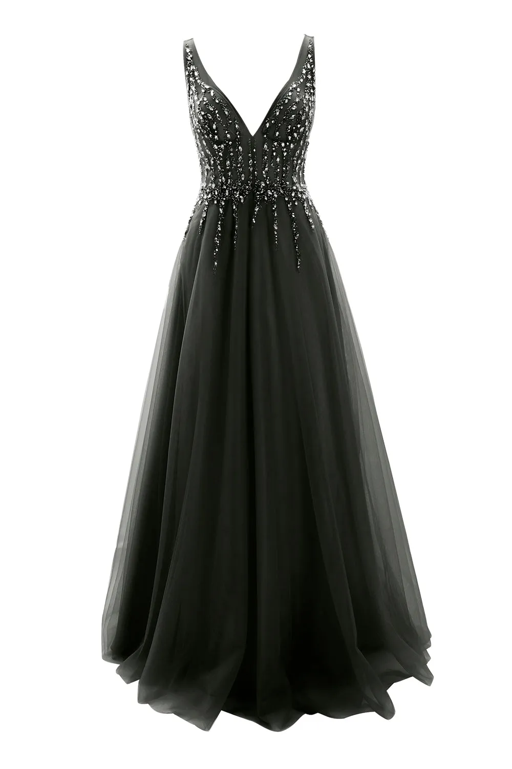MACloth Prom Dress Plunging V Neck Tulle Long Formal Evening Gown Bridal Wedding