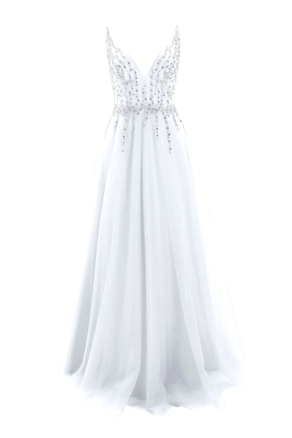 MACloth Prom Dress Plunging V Neck Tulle Long Formal Evening Gown Bridal Wedding