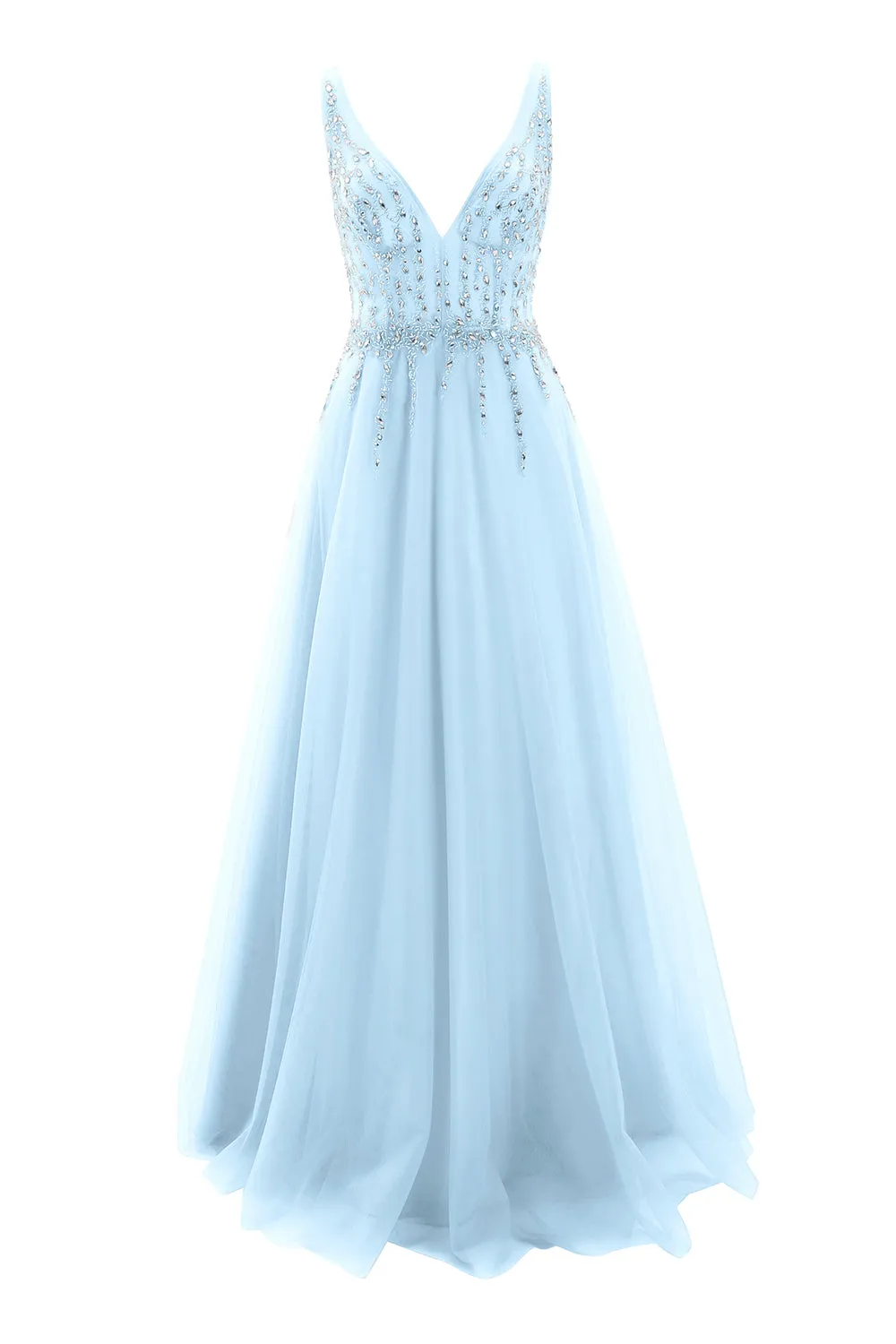 MACloth Prom Dress Plunging V Neck Tulle Long Formal Evening Gown Bridal Wedding
