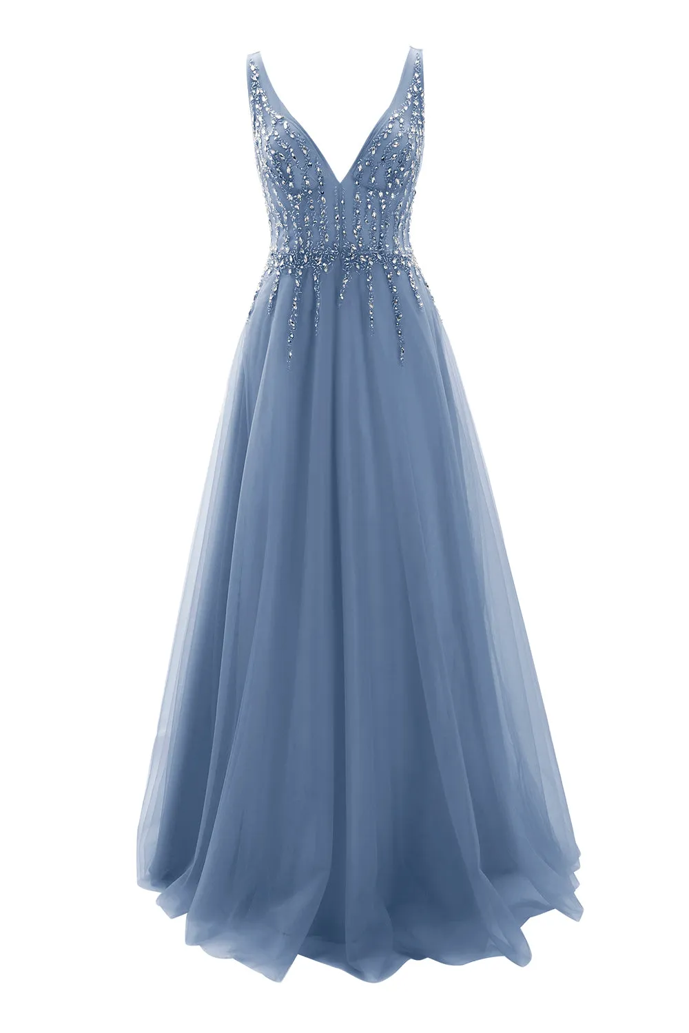 MACloth Prom Dress Plunging V Neck Tulle Long Formal Evening Gown Bridal Wedding