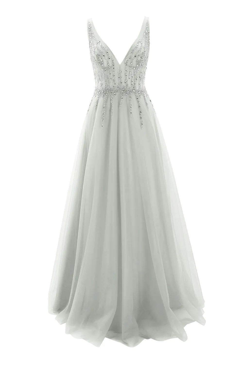 MACloth Prom Dress Plunging V Neck Tulle Long Formal Evening Gown Bridal Wedding