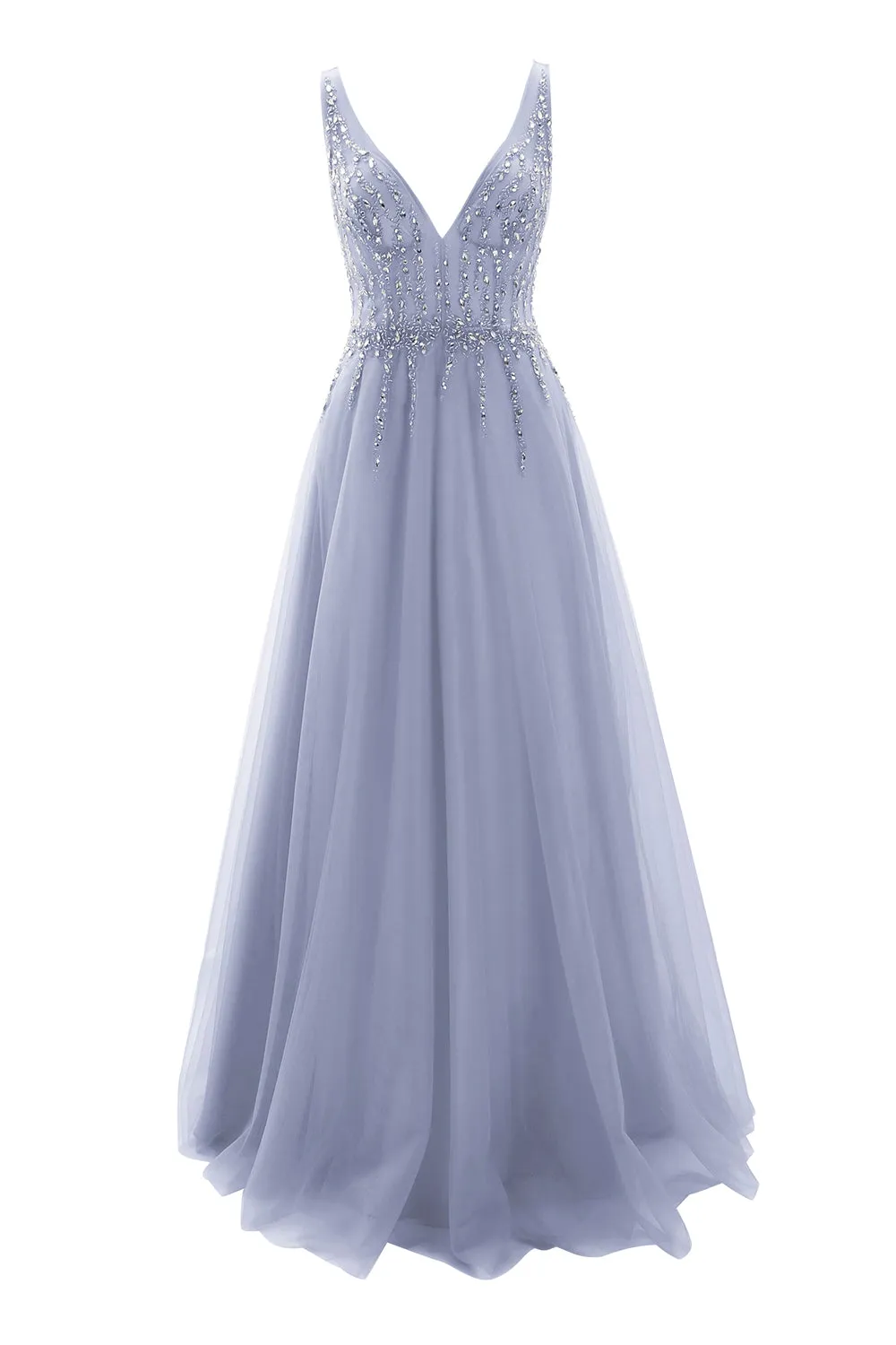 MACloth Prom Dress Plunging V Neck Tulle Long Formal Evening Gown Bridal Wedding