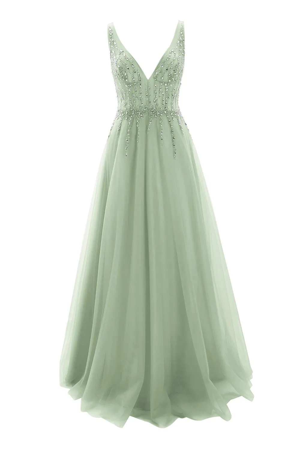 MACloth Prom Dress Plunging V Neck Tulle Long Formal Evening Gown Bridal Wedding