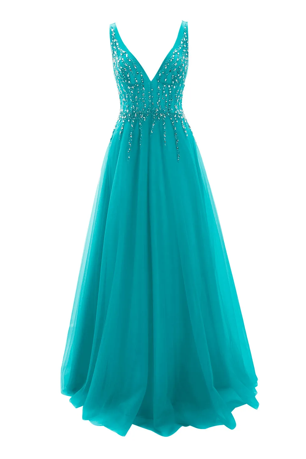 MACloth Prom Dress Plunging V Neck Tulle Long Formal Evening Gown Bridal Wedding