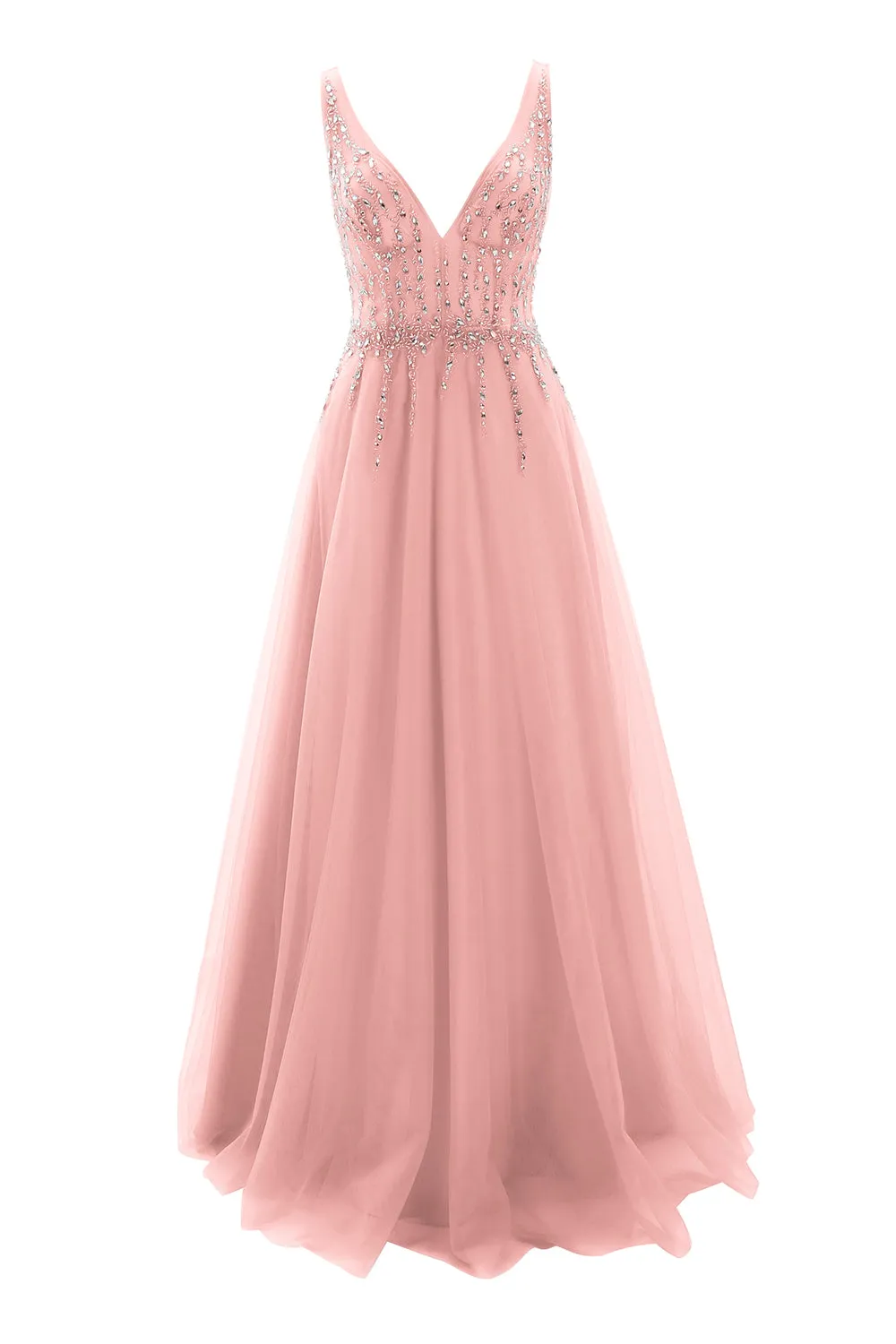 MACloth Prom Dress Plunging V Neck Tulle Long Formal Evening Gown Bridal Wedding
