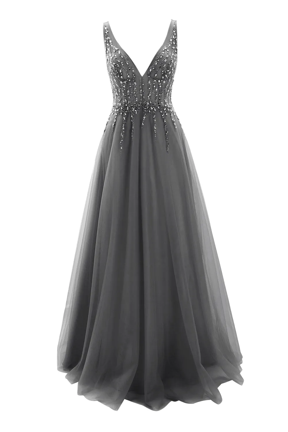 MACloth Prom Dress Plunging V Neck Tulle Long Formal Evening Gown Bridal Wedding