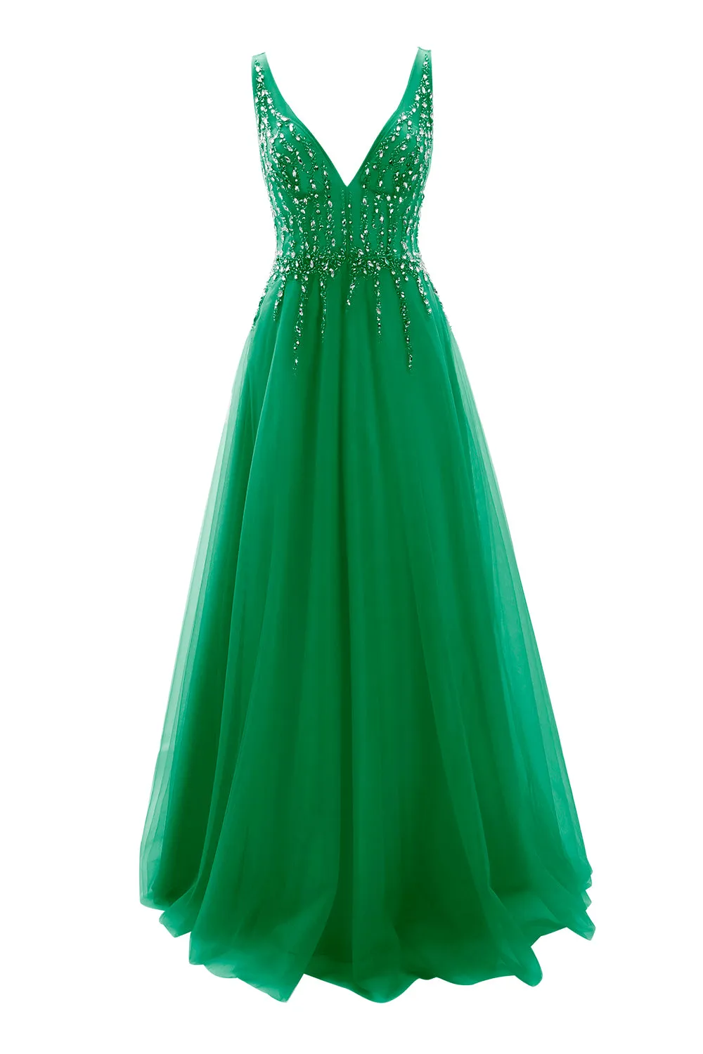 MACloth Prom Dress Plunging V Neck Tulle Long Formal Evening Gown Bridal Wedding
