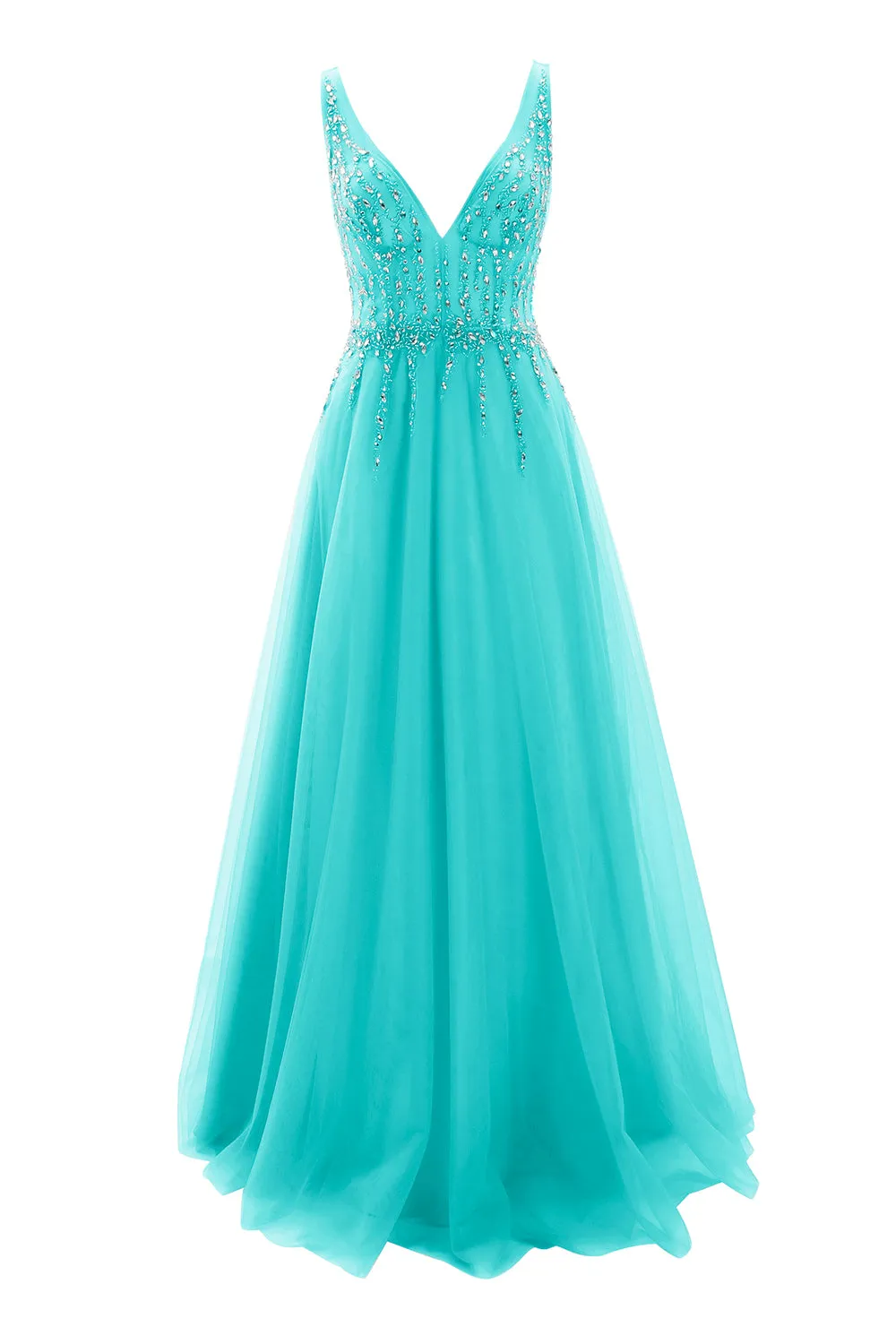 MACloth Prom Dress Plunging V Neck Tulle Long Formal Evening Gown Bridal Wedding