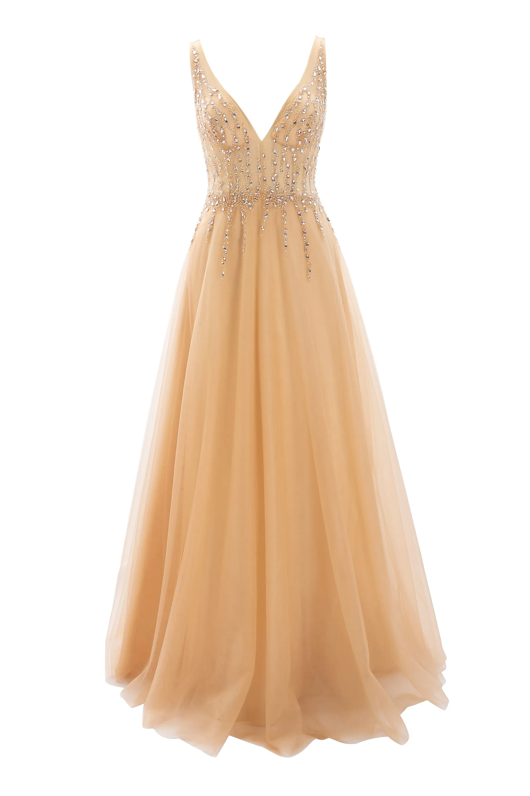 MACloth Prom Dress Plunging V Neck Tulle Long Formal Evening Gown Bridal Wedding