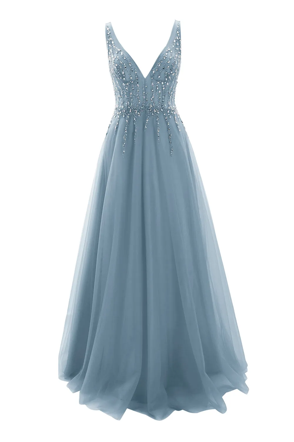 MACloth Prom Dress Plunging V Neck Tulle Long Formal Evening Gown Bridal Wedding