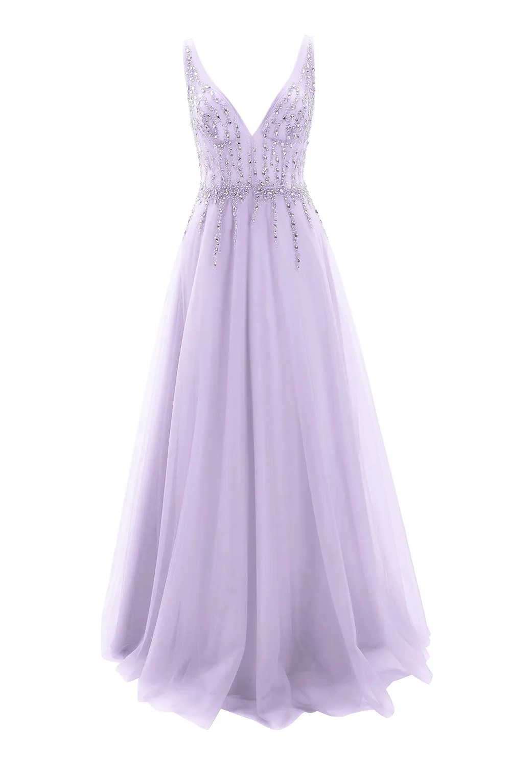 MACloth Prom Dress Plunging V Neck Tulle Long Formal Evening Gown Bridal Wedding