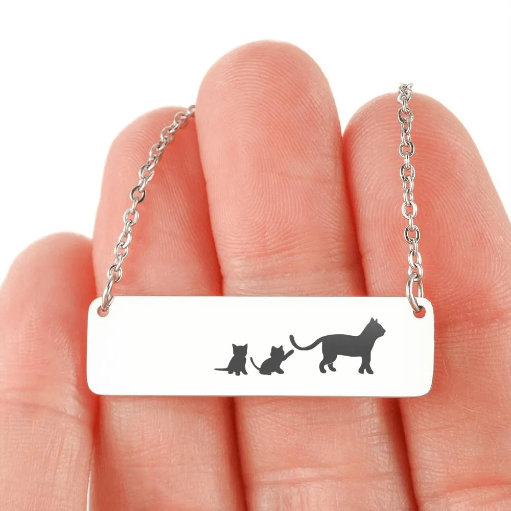 Mama Cat and Kittens Bar Necklace (Cats2)