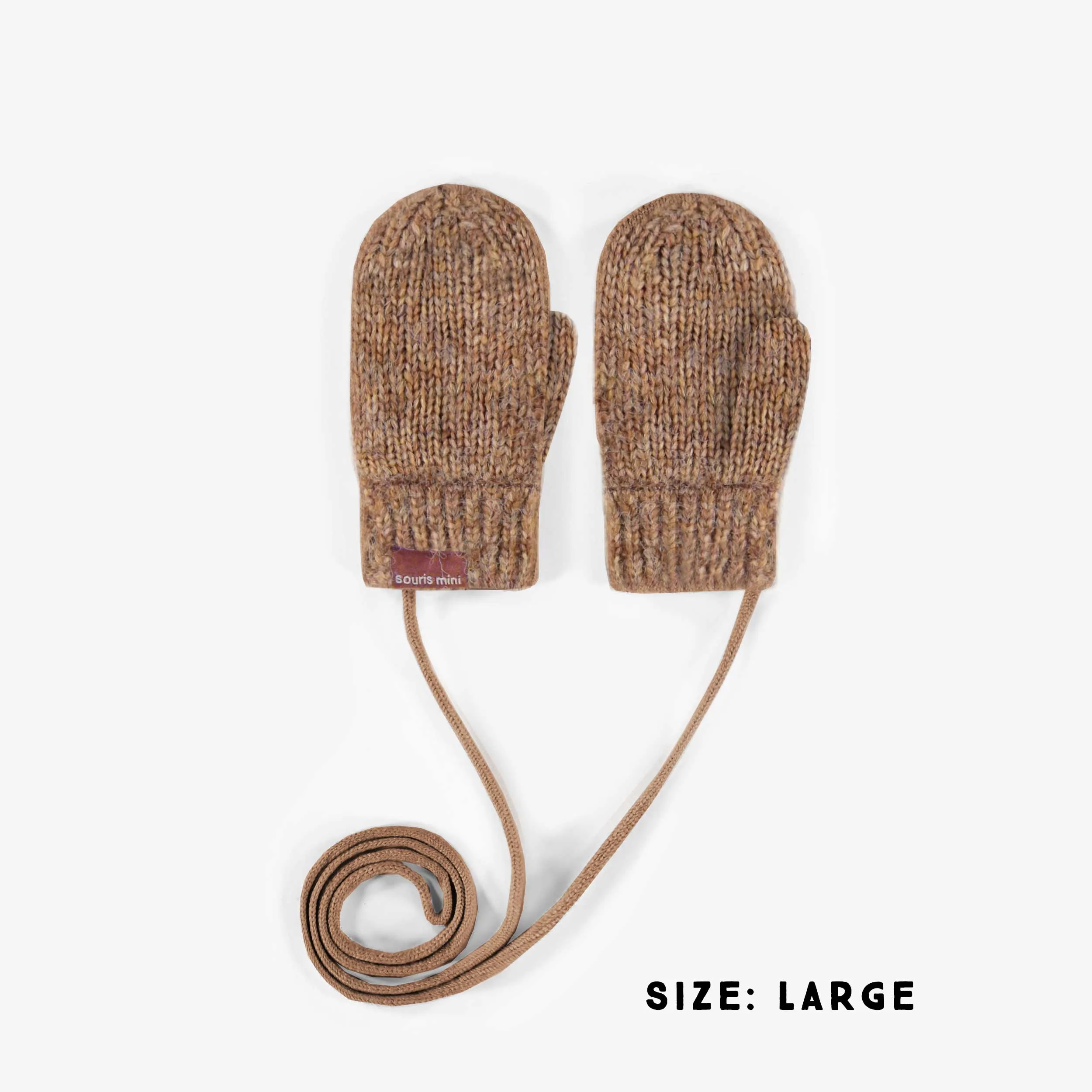 Mitaines brunes en maille avec cordon d’attache, bébé || Brown knitted mittens with a drawstring, baby