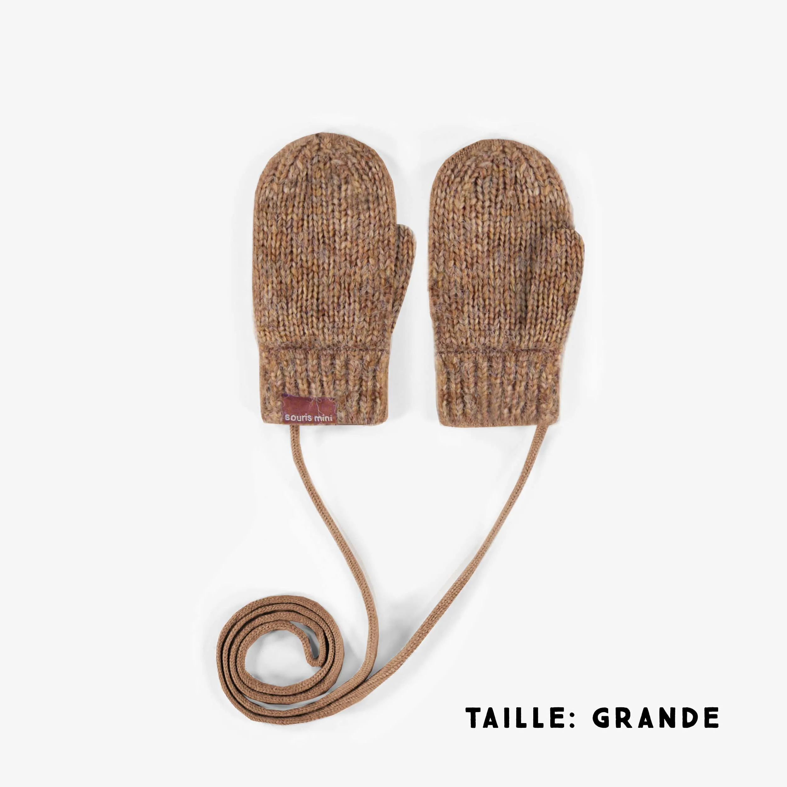 Mitaines brunes en maille avec cordon d’attache, bébé || Brown knitted mittens with a drawstring, baby