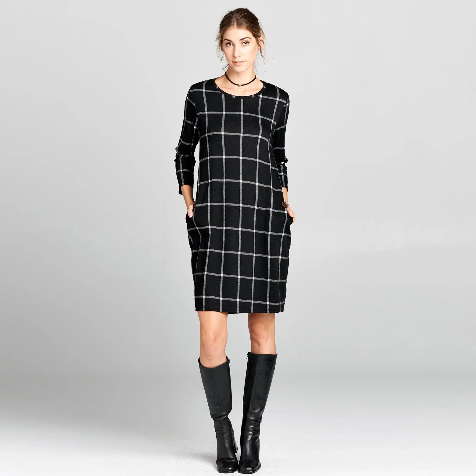 Moon Pocket Grid Shift Dress