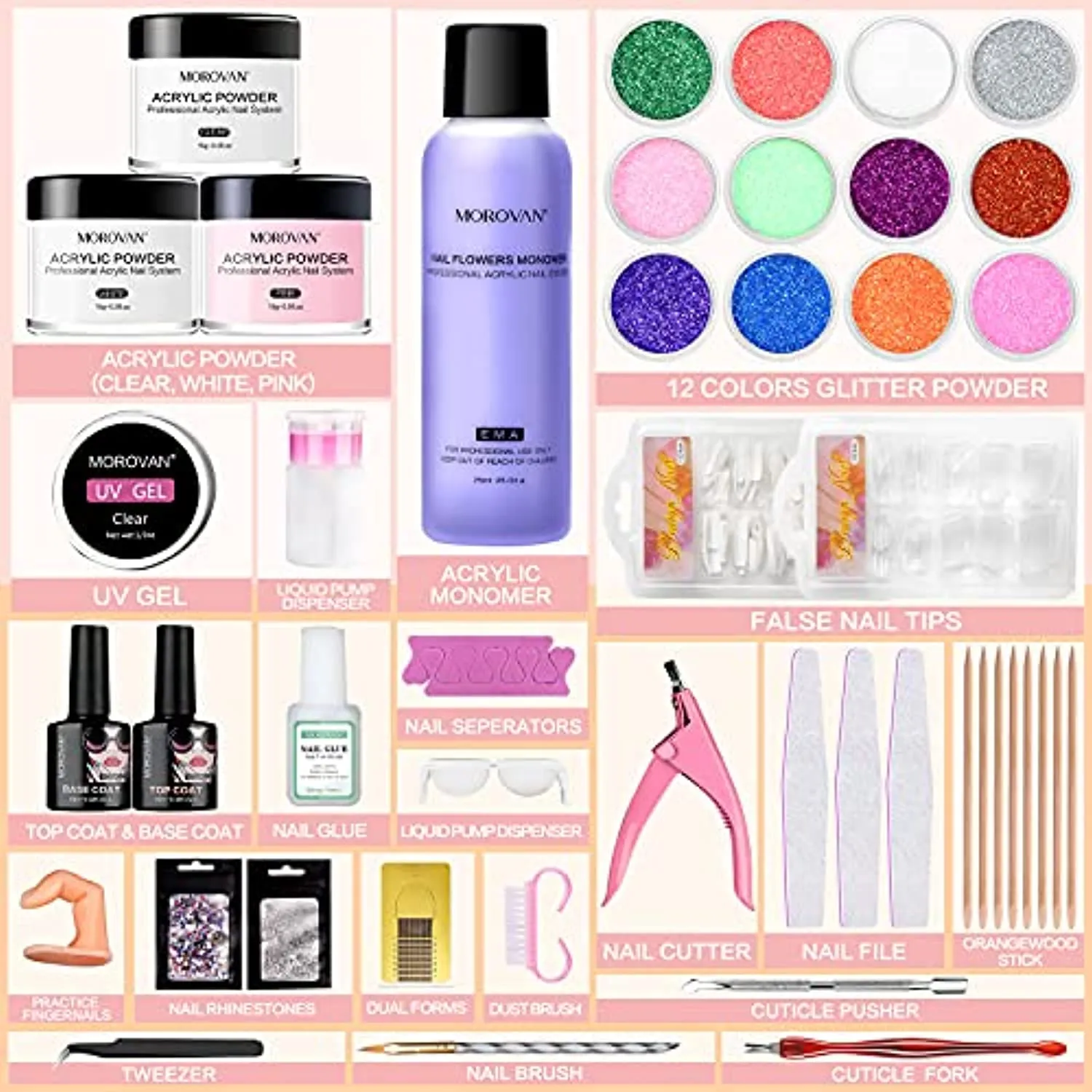 Morovan Acrylic Nail Kit with 12 Glitter Powder and Liquid Set - Professional Acrylic Nail Powder French Nail Tips, Practice Hand for Acrylic Nails Brushes Nail Art Tools Decoration DIY Nail Kit