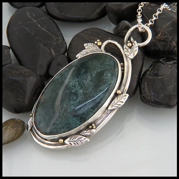 Moss Agate Scrolling Leaves Pendant in Silver and Gold