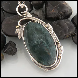 Moss Agate Scrolling Leaves Pendant in Silver and Gold