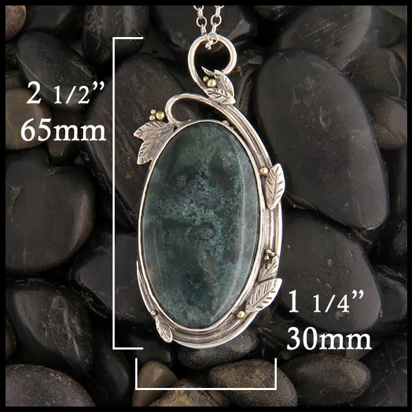 Moss Agate Scrolling Leaves Pendant in Silver and Gold