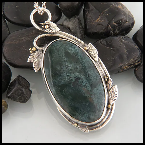 Moss Agate Scrolling Leaves Pendant in Silver and Gold
