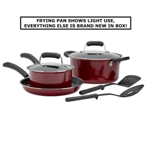 New in box! Basic Essentials 7Pc Non-Stick Steel Cookware Set in Red! Frying pan shows light use, everything else brand new!