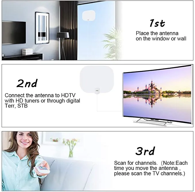 New TV Antenna, 2021 Newest Indoor Digital HDTV Antenna 130 Miles Range with Amplifier Signal Booster, 4K HD VHF UHF Freeview for Life Local Channels Support All Television -16.5ft Coax Cable (White)