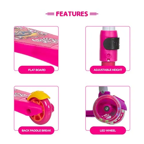 NHR Smart Kick Scooter, 3 Adjustable Height, Foldable,Front Wheel Light & PVC Wheels for Kids (3 to 8 Years ,Pink)