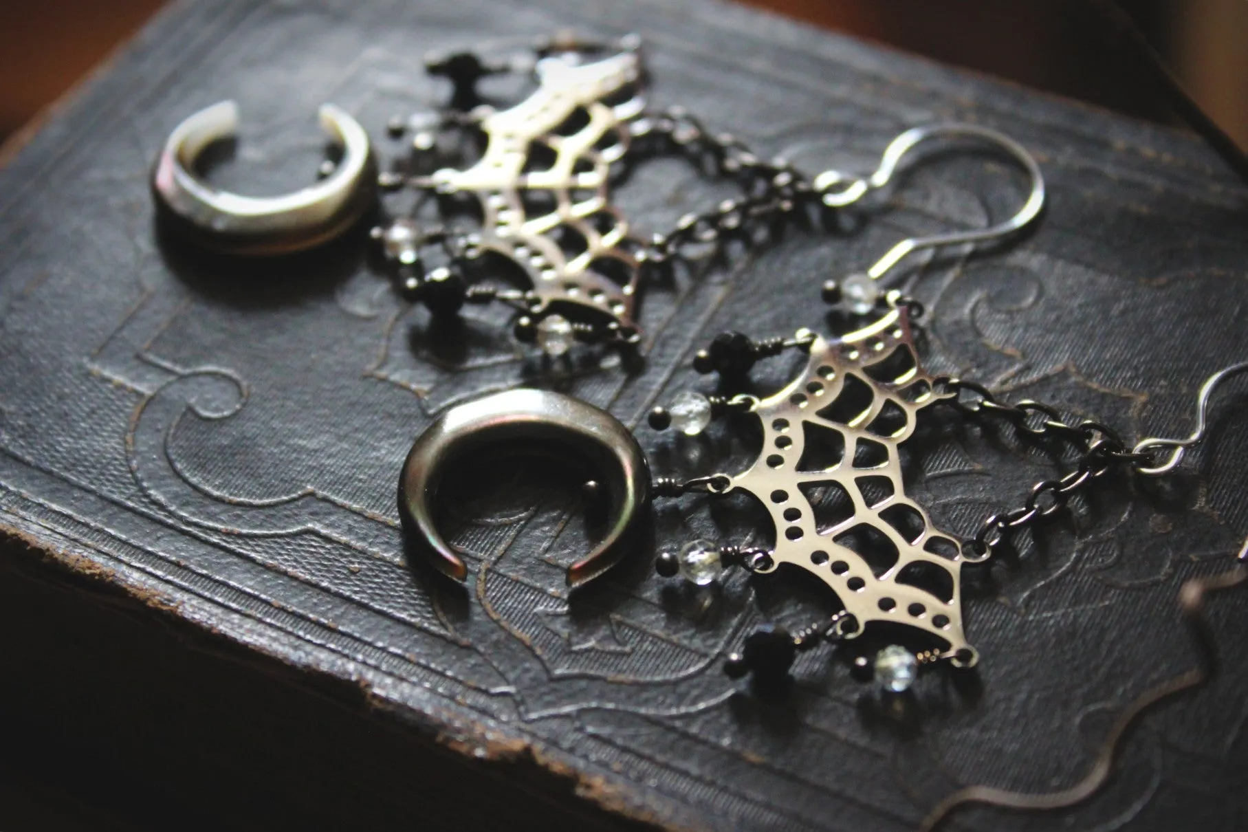 Night Spinner. Mother of Pearl & Gemstone Earrings.