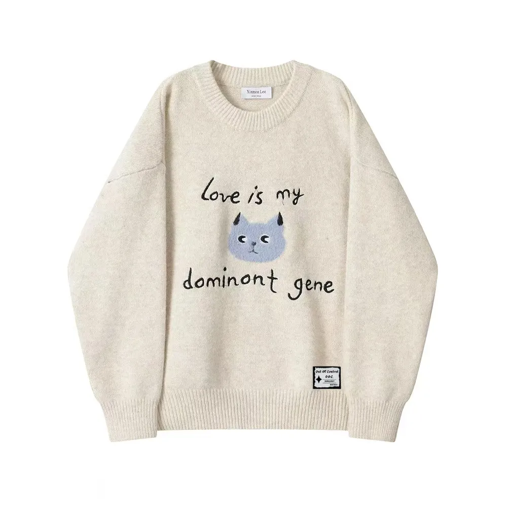 OOC' Cute Kitten Embroidered Letters Knitted Sweater
