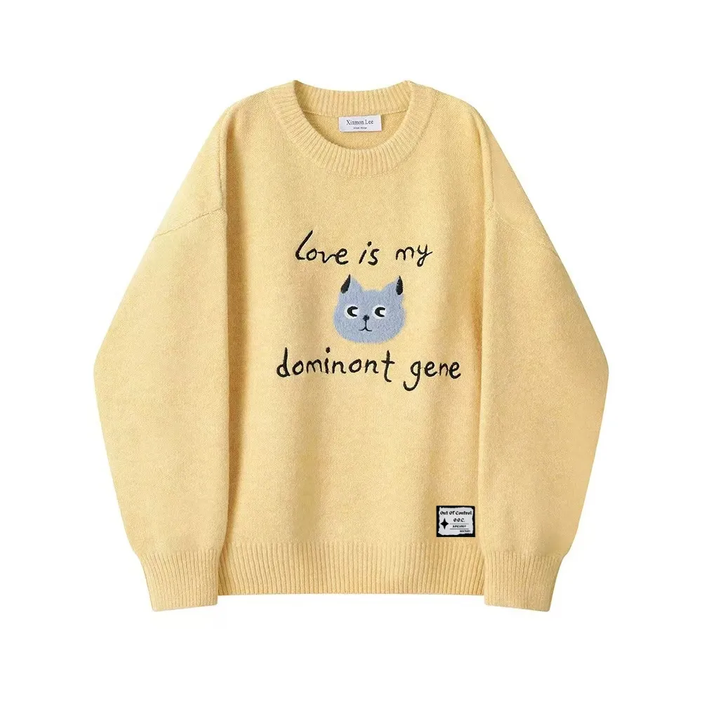 OOC' Cute Kitten Embroidered Letters Knitted Sweater