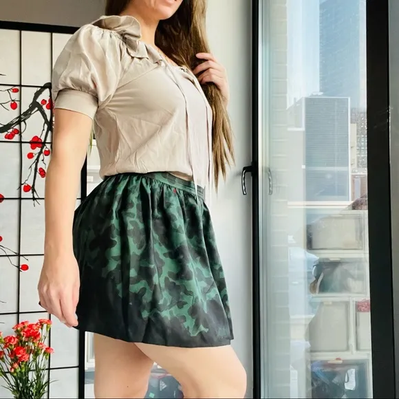 Opening Ceremony 100% Silk Camo A-line Lantern Flare Waistband