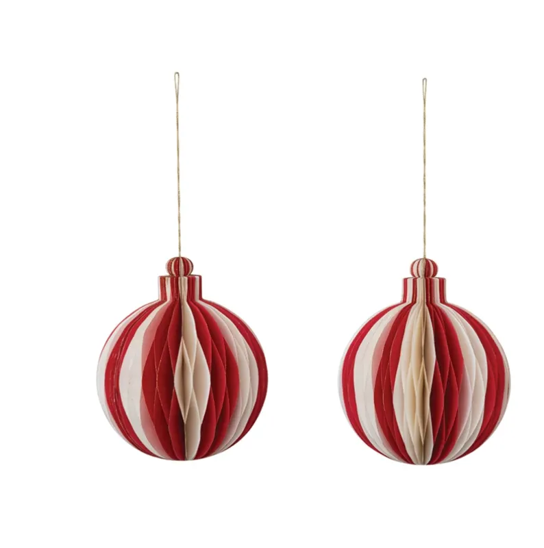 Paper Folding Honeycomb Ornament w/ Gold Glitter Edge, Cream Color & Red