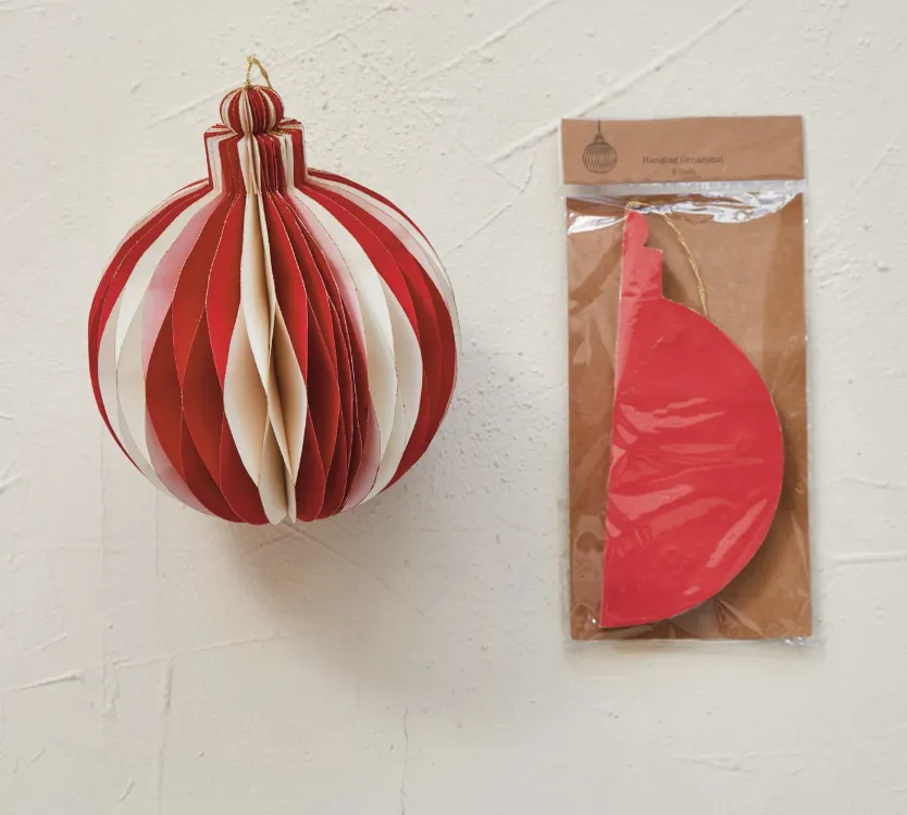 Paper Folding Honeycomb Ornament w/ Gold Glitter Edge, Cream Color & Red