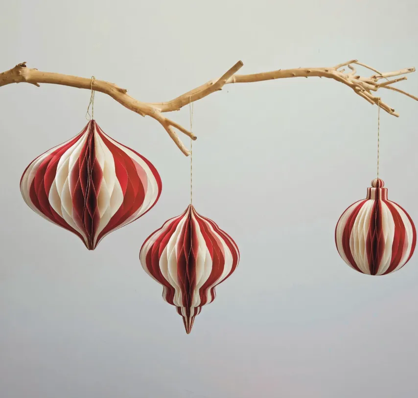 Paper Folding Honeycomb Ornament w/ Gold Glitter Edge, Cream Color & Red