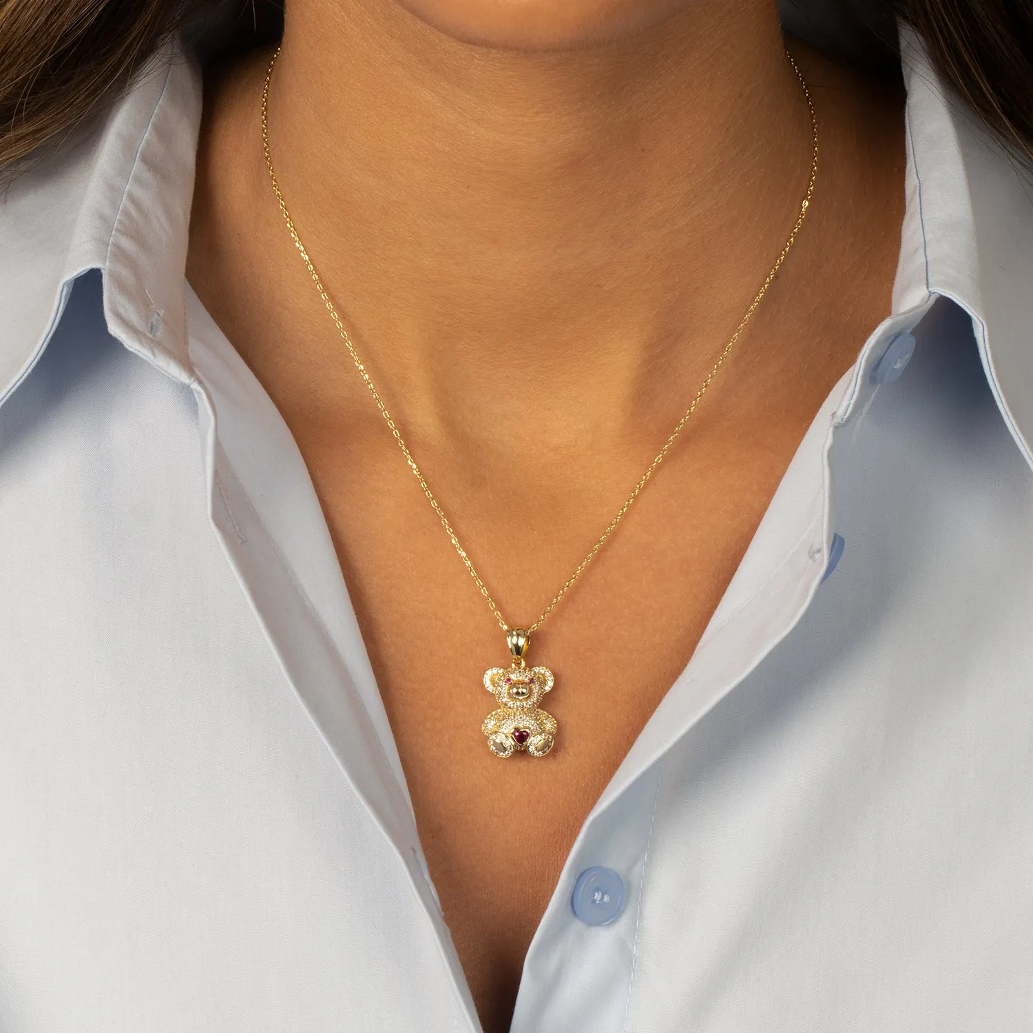 Pave Colored Teddy Bear Pendant Necklace