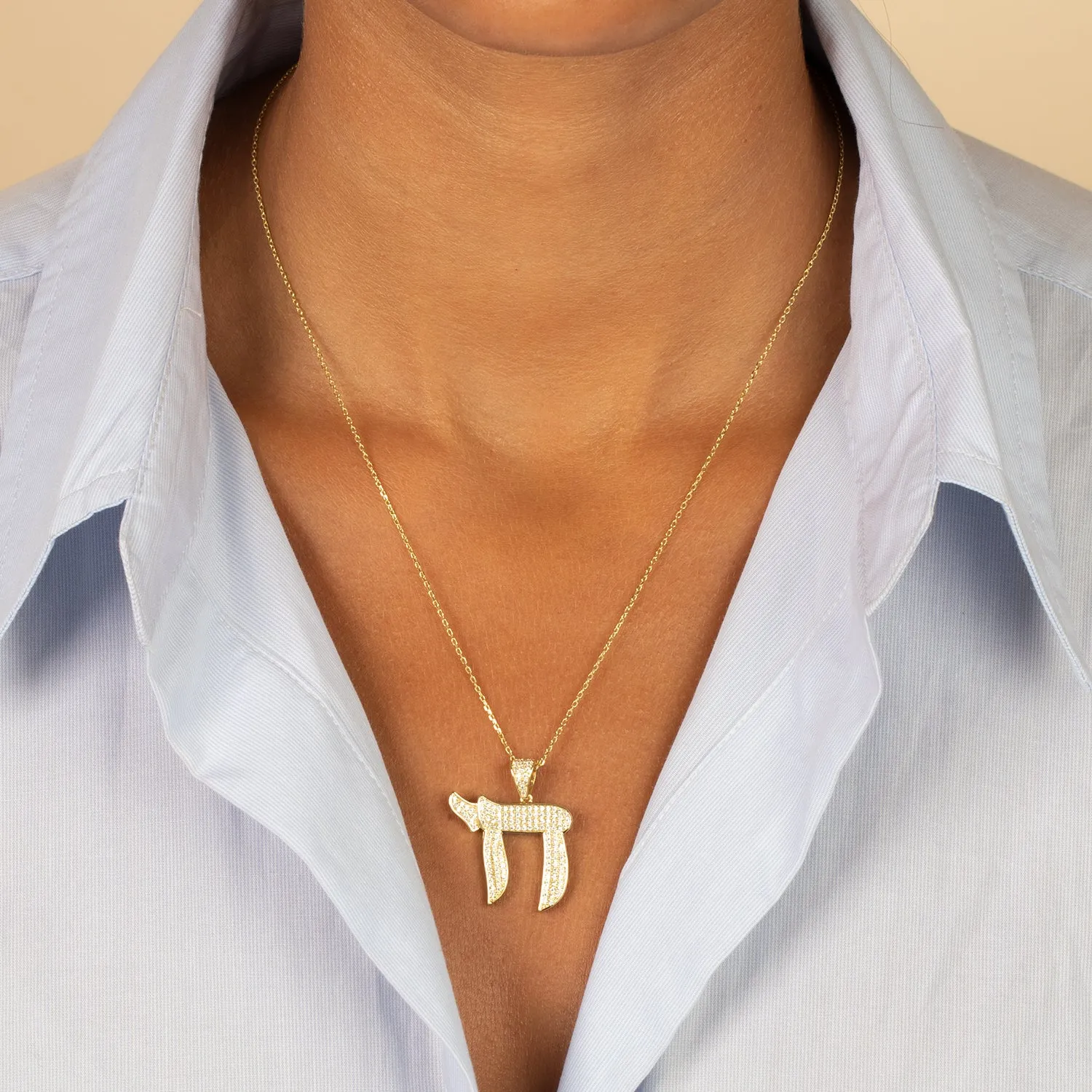 Pave Large Chai Pendant Necklace