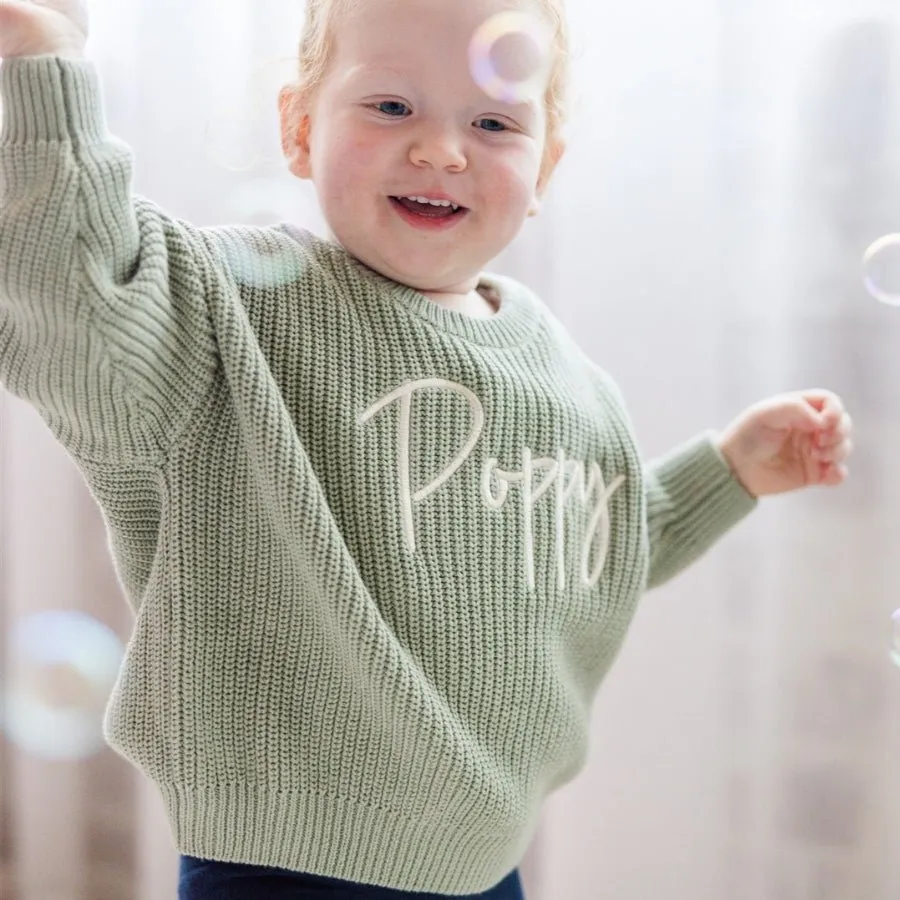 Personalised Chunky Knit Baby Jumper Sage