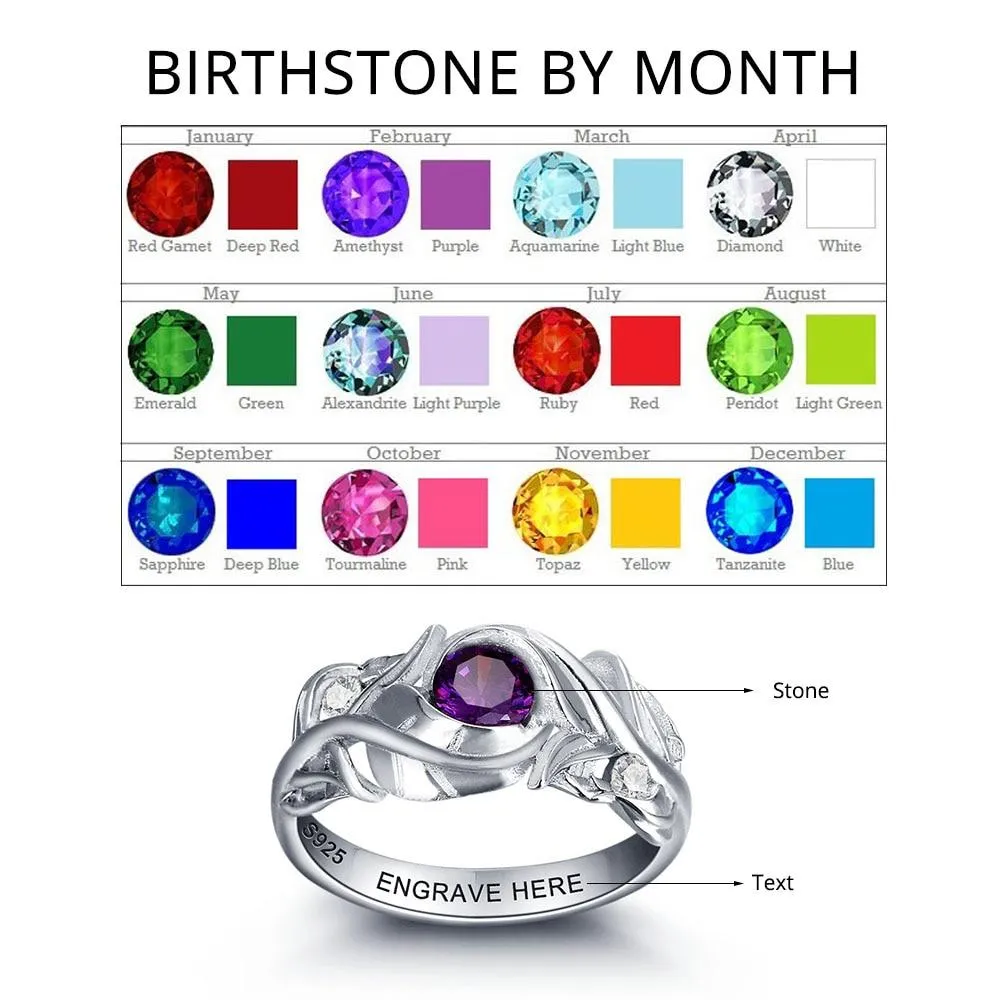Personalized 925 Sterling Silver Leaf Rings for Women – Engraved Name – Custom Birthstone – Trendy Jewelry with Free Gift Box