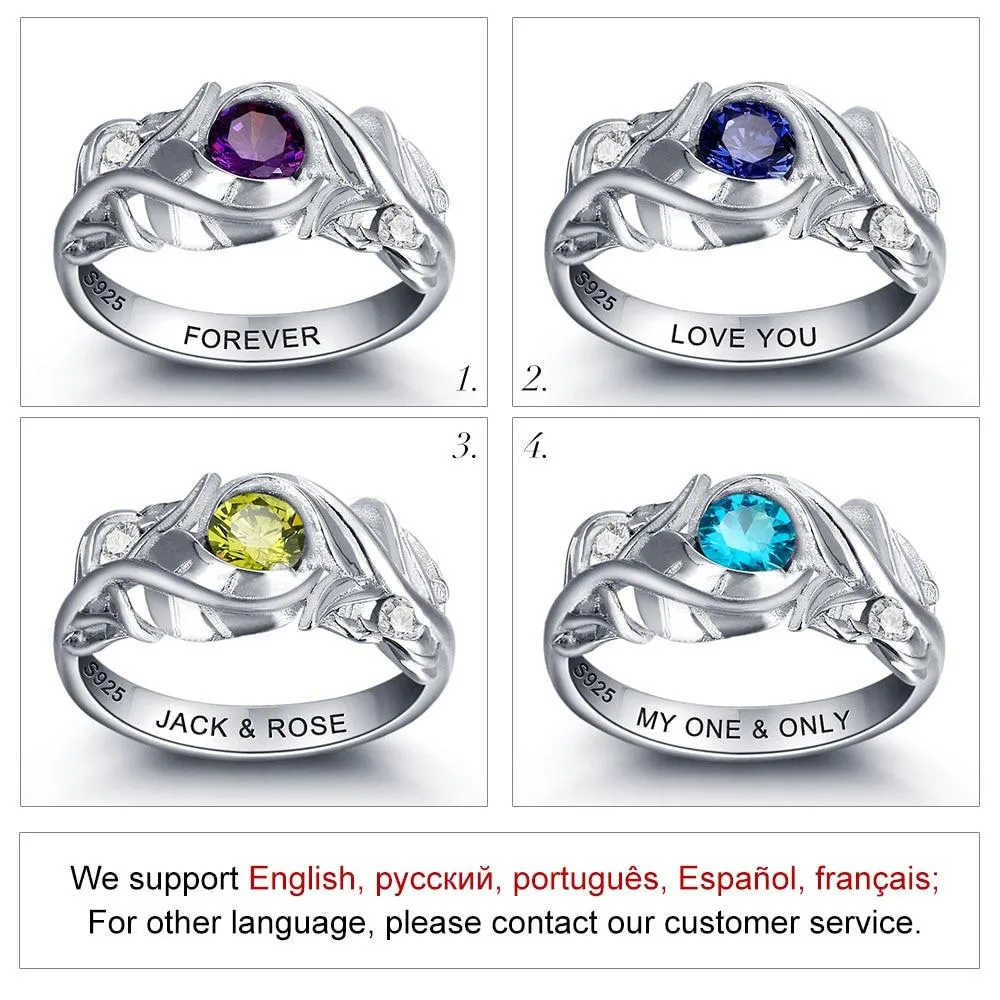 Personalized 925 Sterling Silver Leaf Rings for Women – Engraved Name – Custom Birthstone – Trendy Jewelry with Free Gift Box
