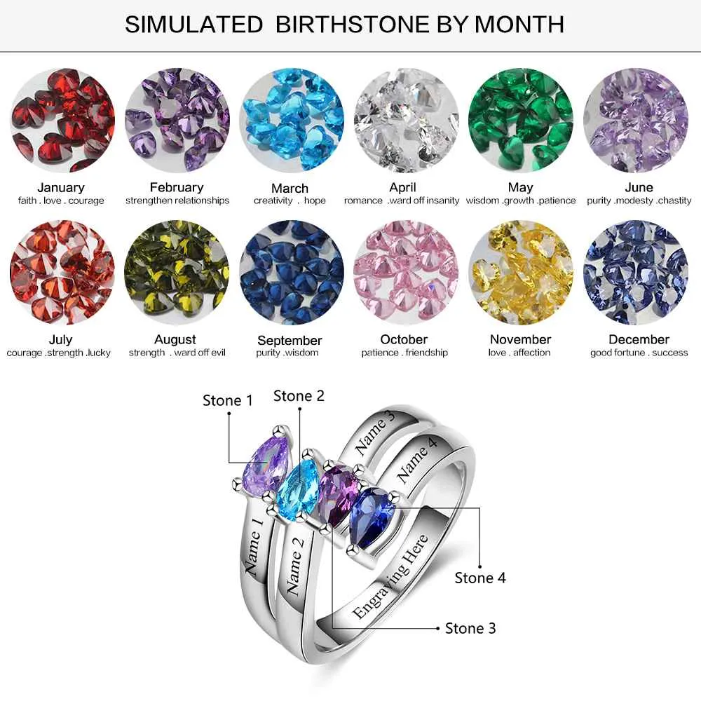 Personalized Gift for Friendship Engraved 4 Names Sister Birthstone Promise Rings 925 Sterling Silver Jewelry