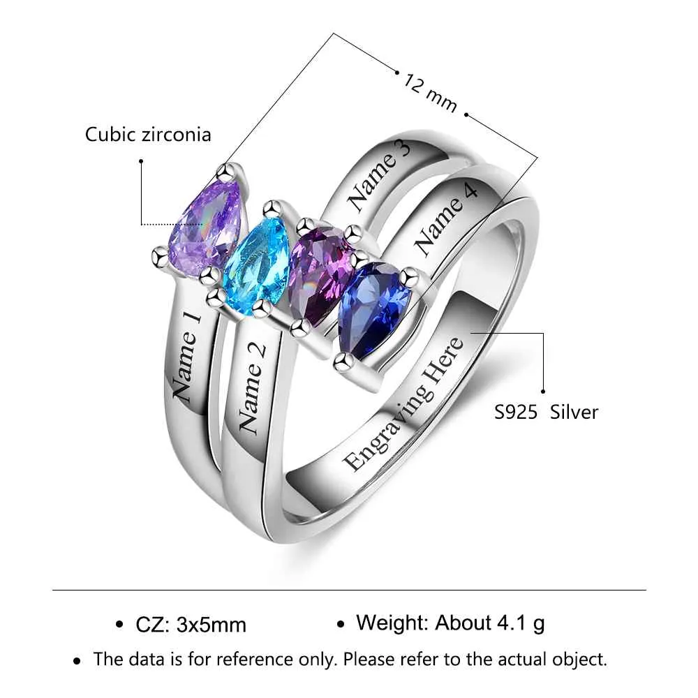 Personalized Gift for Friendship Engraved 4 Names Sister Birthstone Promise Rings 925 Sterling Silver Jewelry