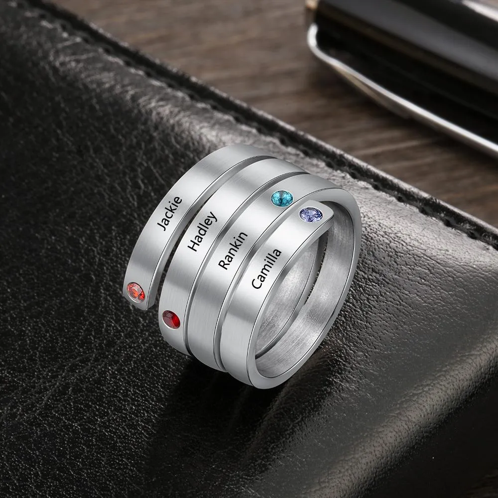 Personalized Women’s Stainless Steel Stackable Rings – Engrave Four Names – Four Custom Birthstones – Family Gift