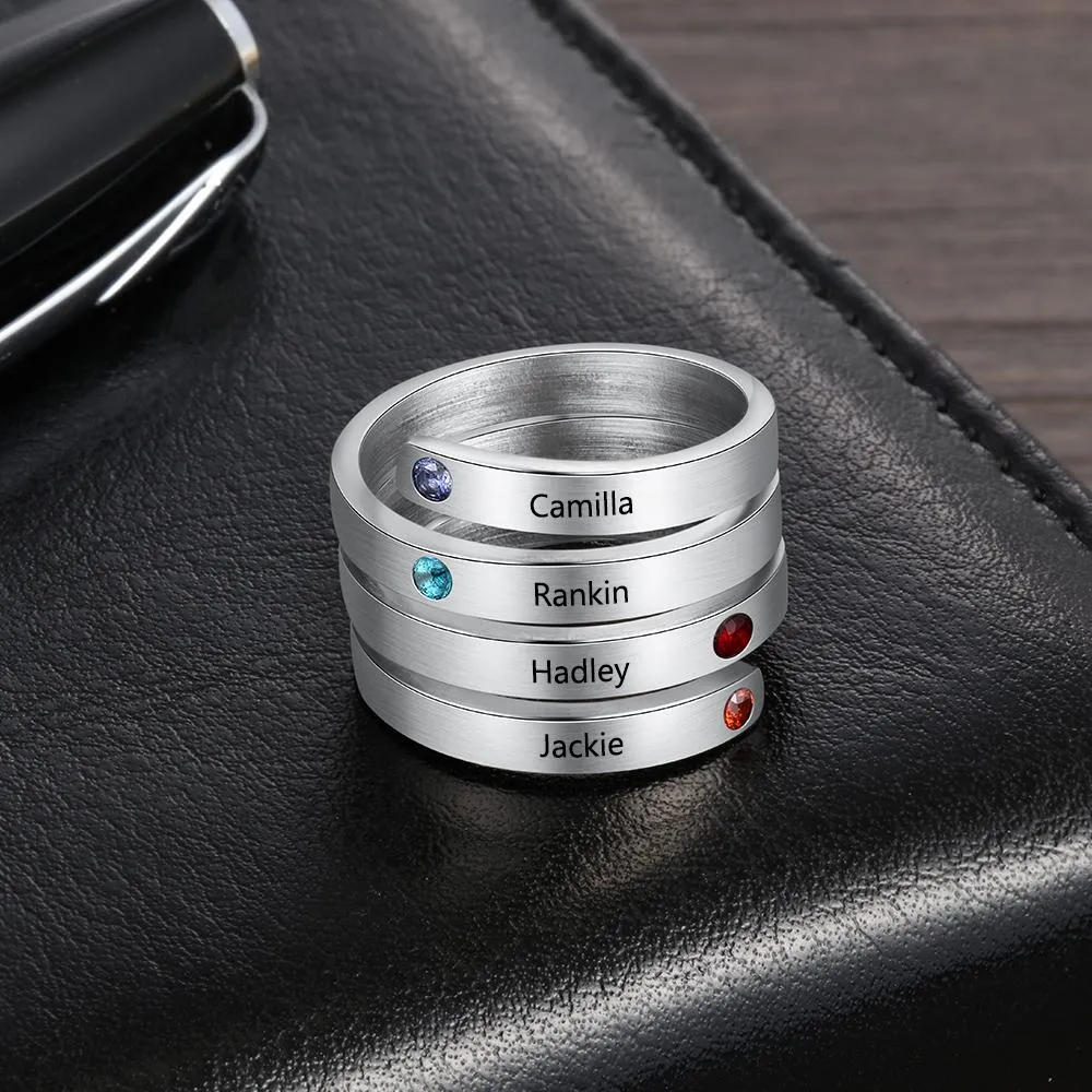 Personalized Women’s Stainless Steel Stackable Rings – Engrave Four Names – Four Custom Birthstones – Family Gift